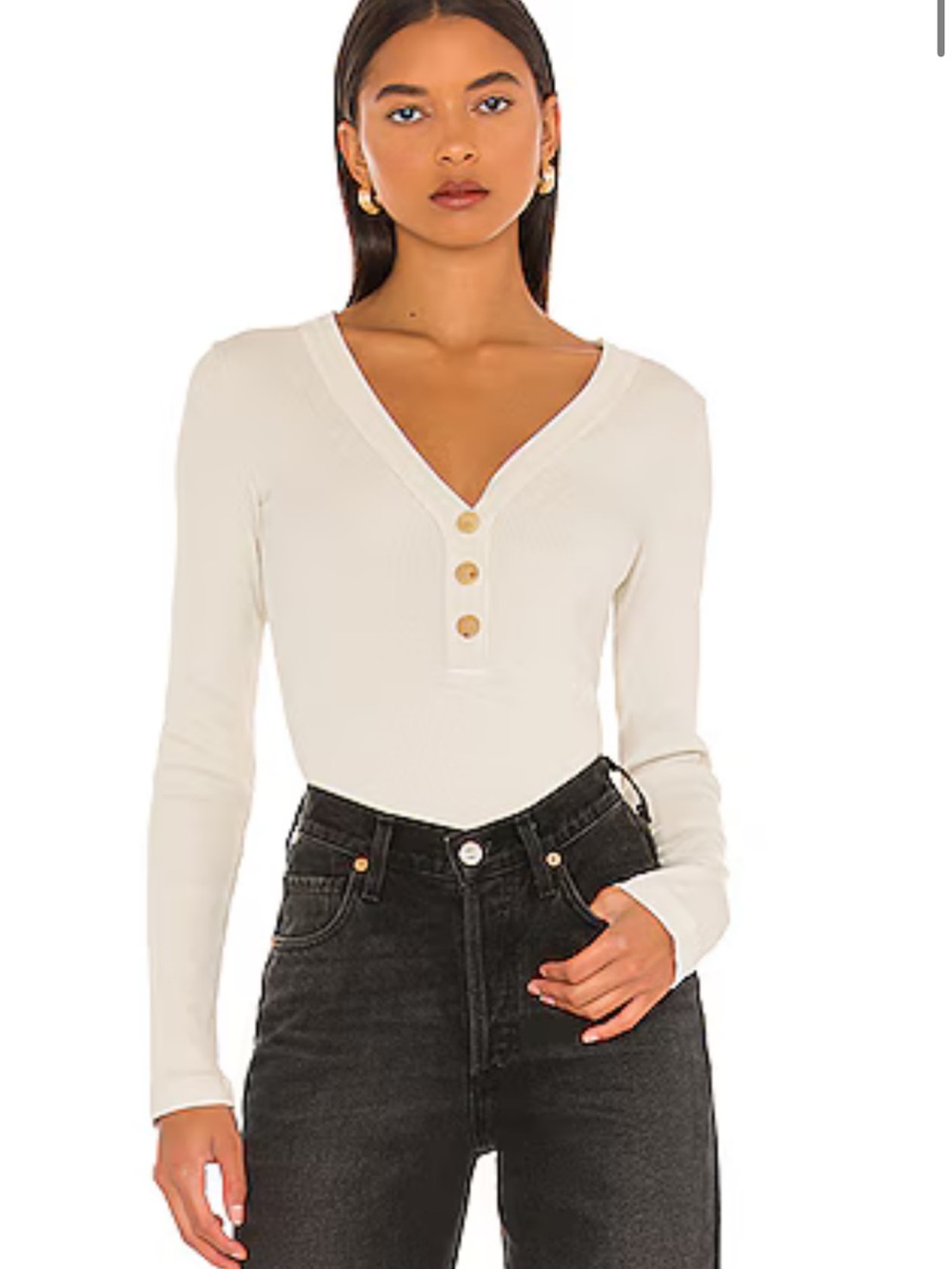 Citizens Of Humanity Cream Ribbed V-Neck Long Sleeve Bodysuit